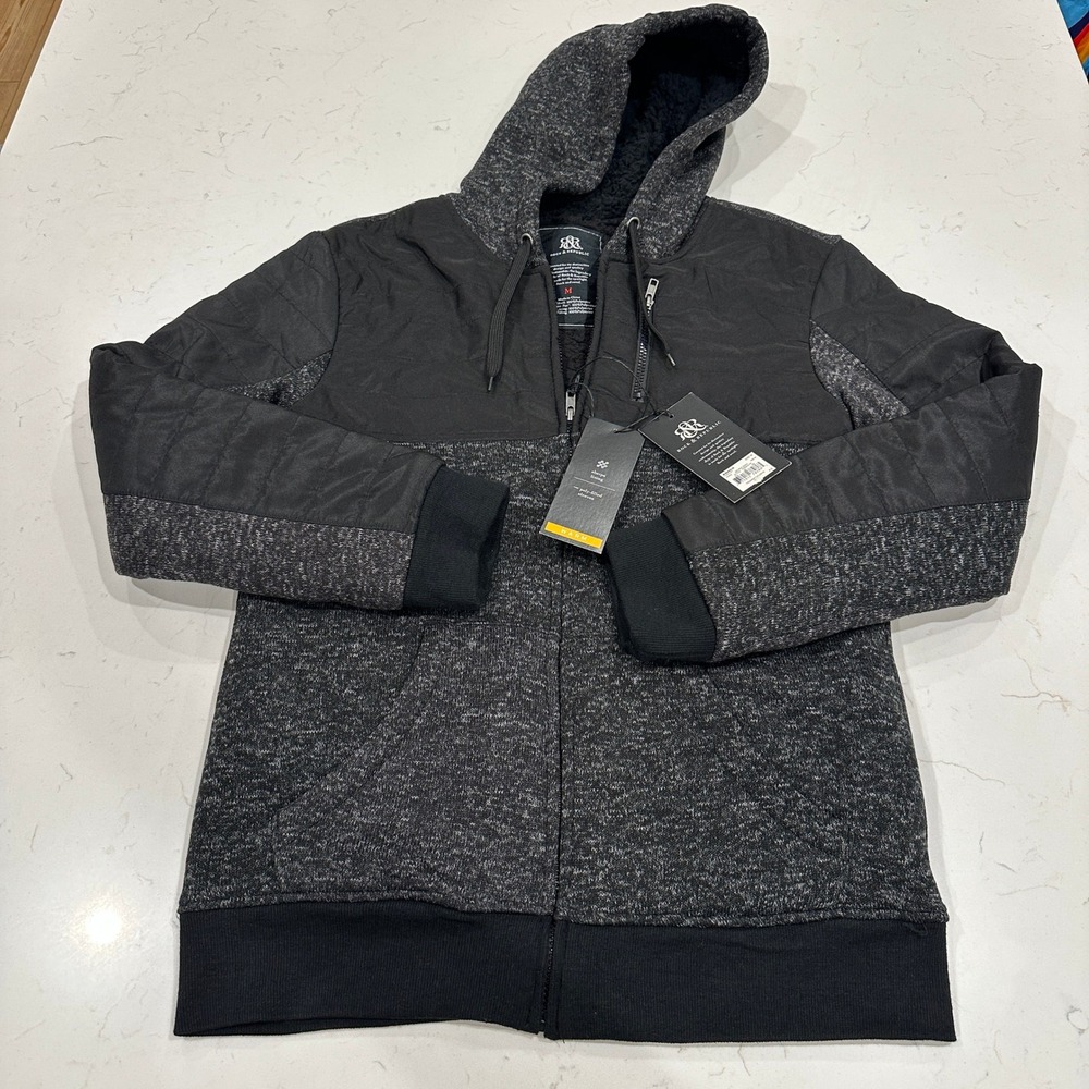 Rock & Republic Mens Sherpa Lined Full Zip Hoodie Jacket Gray Black Y2K Medium
